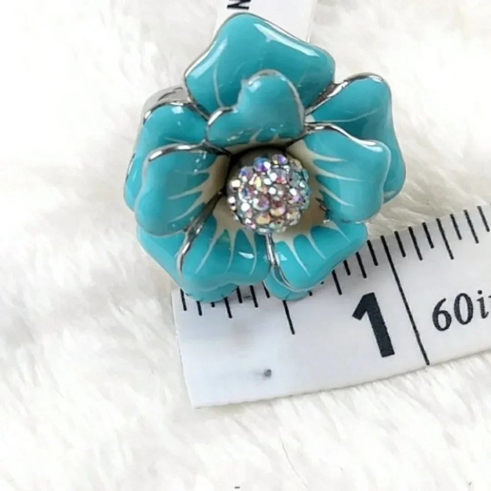 Blue Flower Statement Chunky Ring Stainless Steel Nickel Free Hypoallergenic
